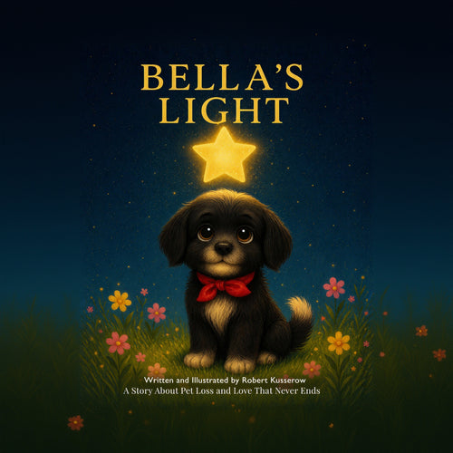 Book cover of 'Bella's Light' with a puppy and glowing star against a night sky.